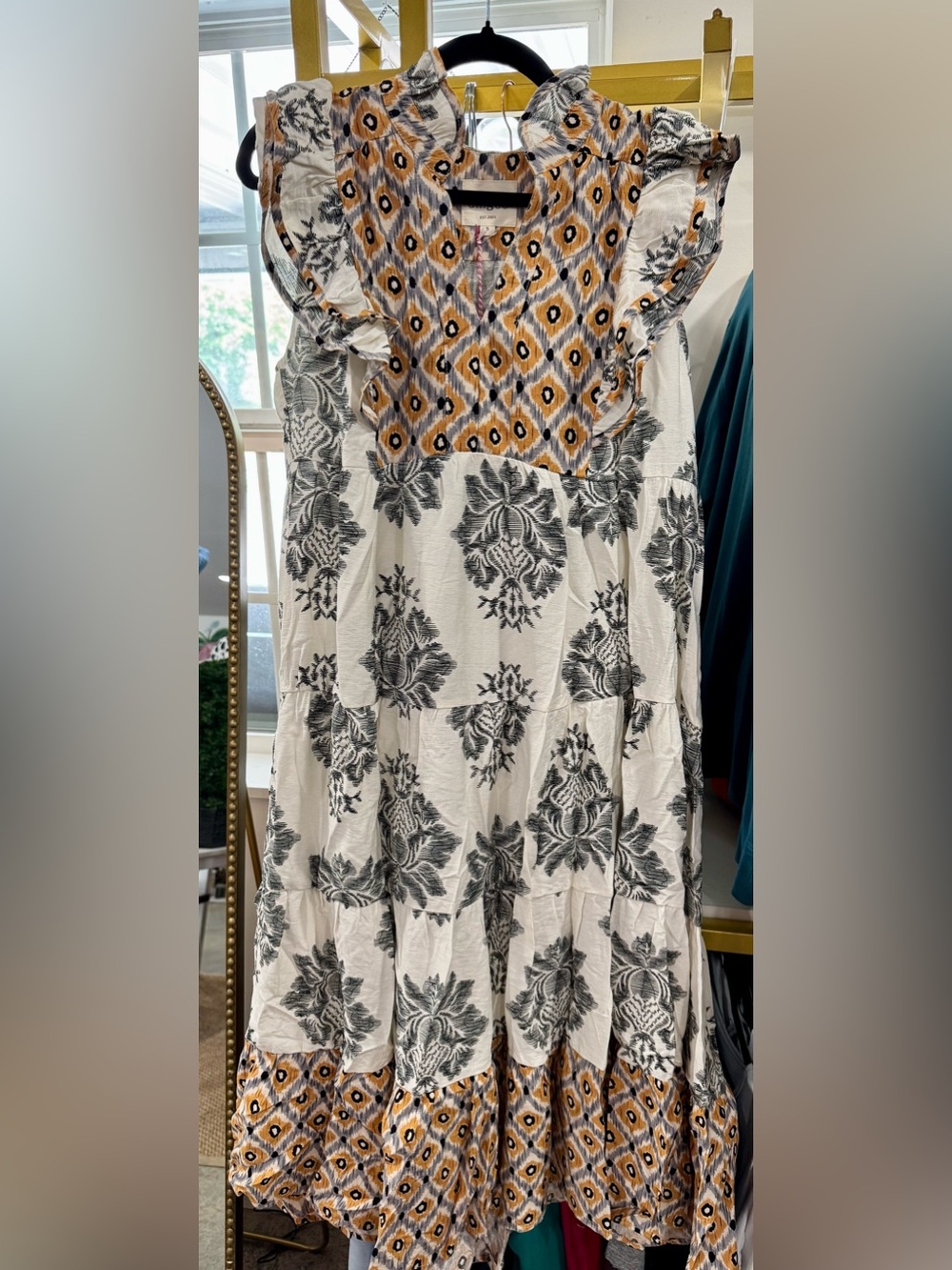 Umgee White Midi Dress with Black Floral and Mustard Geometric Accents